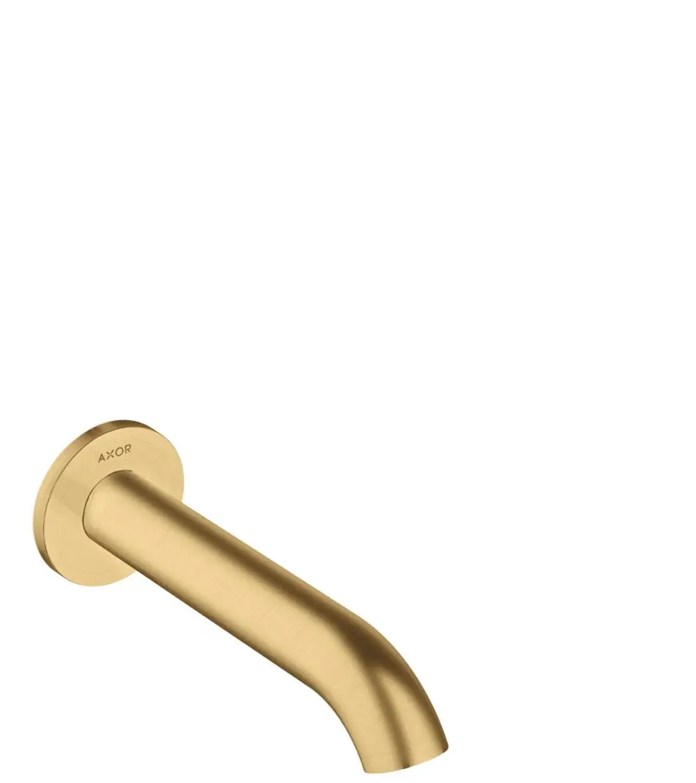 Wannen-Einlauf von AXOR in gebogener Form mit mattem Gold-Finish, montiert auf einer runden Wandplatte.
